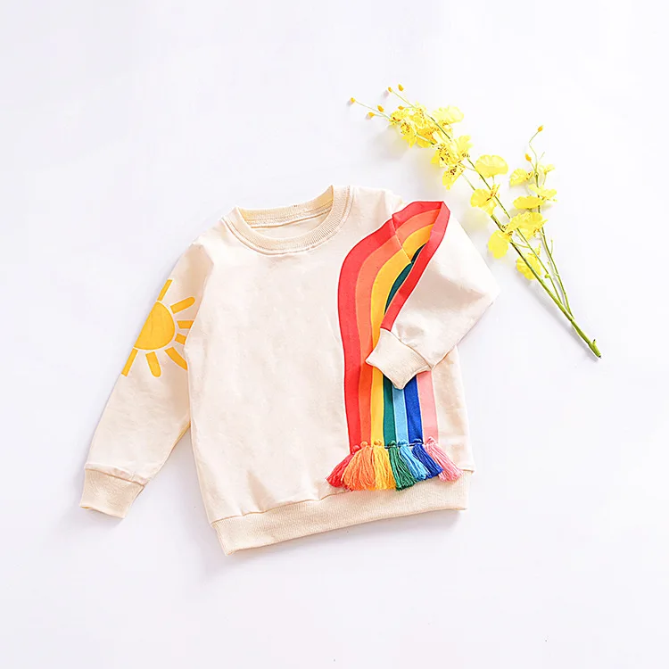 

New hot style children antumn 2018 long sleeve T shirt with fringed rainbow sun design kids hoodies for wholesale, As pic shows, we can according to your request also