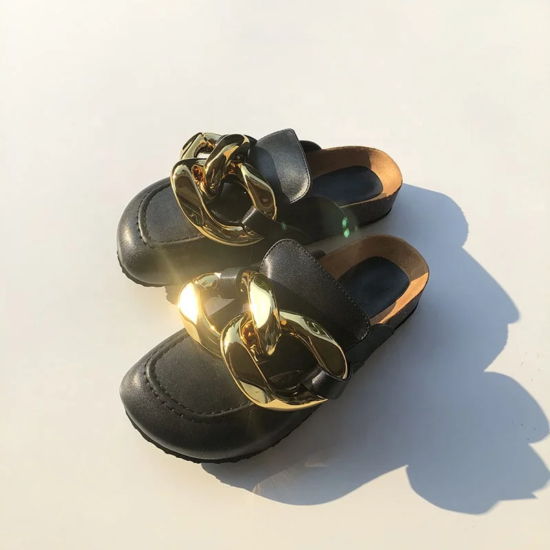 

New Fashion All Matching Round Toe Large Size Solid Color Metal Chain Thick Bottom Flat Sole Mullers Shoes Women 2021, Red black blue white brown