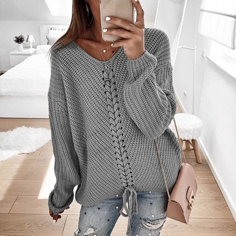 

New Fashion Women Fall Winter Long Sleeve Lace Up Girls Solid Color Loose Casual Coat Tops Knit Plus Size Sweaters, 7options