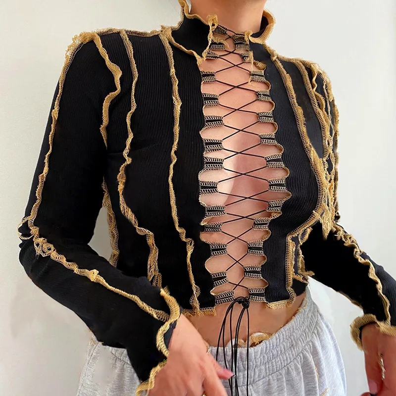 

Vintage Contrast Lace Up Hollow Out Turtleneck Corset Crop Women Clothing Sexy Blouses Ladies Tops, 4colors in stock