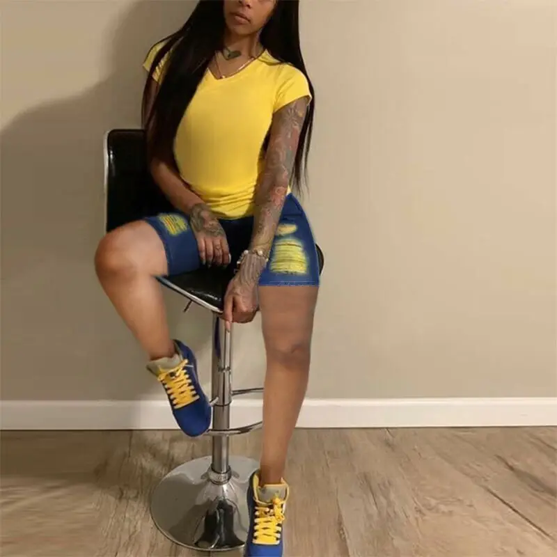 

2020 New fashion High waist Elastic force colorful Breaken-hole Denim shorts women ladies Denim shorts