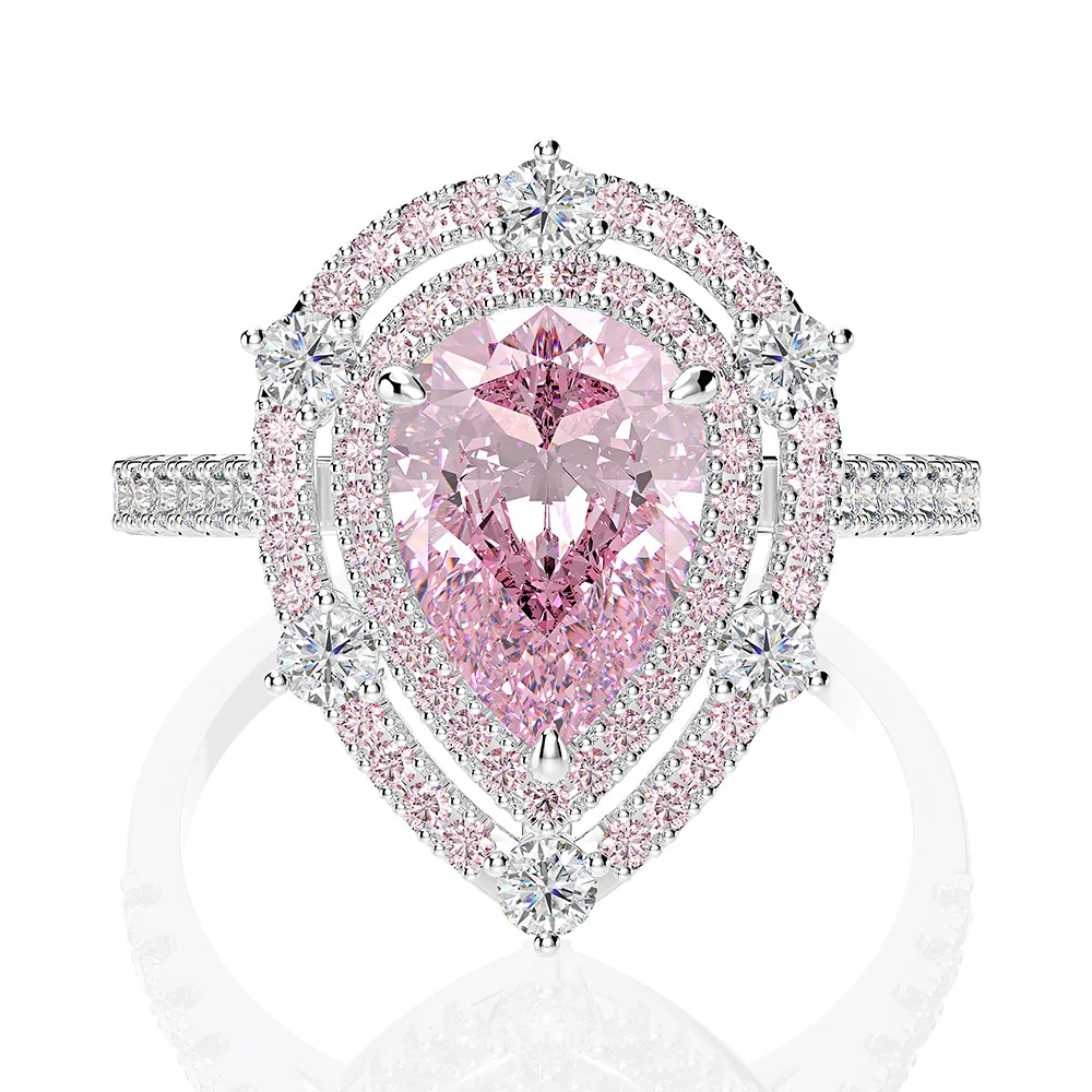 

European and American drop-shaped micro-inlaid diamond light luxury ring pink pear-shaped ring 7X10 explosive accessories