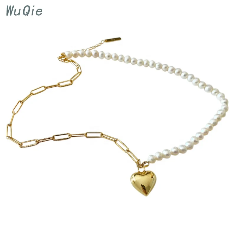 

Wuqie Asymmetric Silver Chain Beaded Freshwater Pearl Necklace Heart Fashion Choker Necklaces for Women