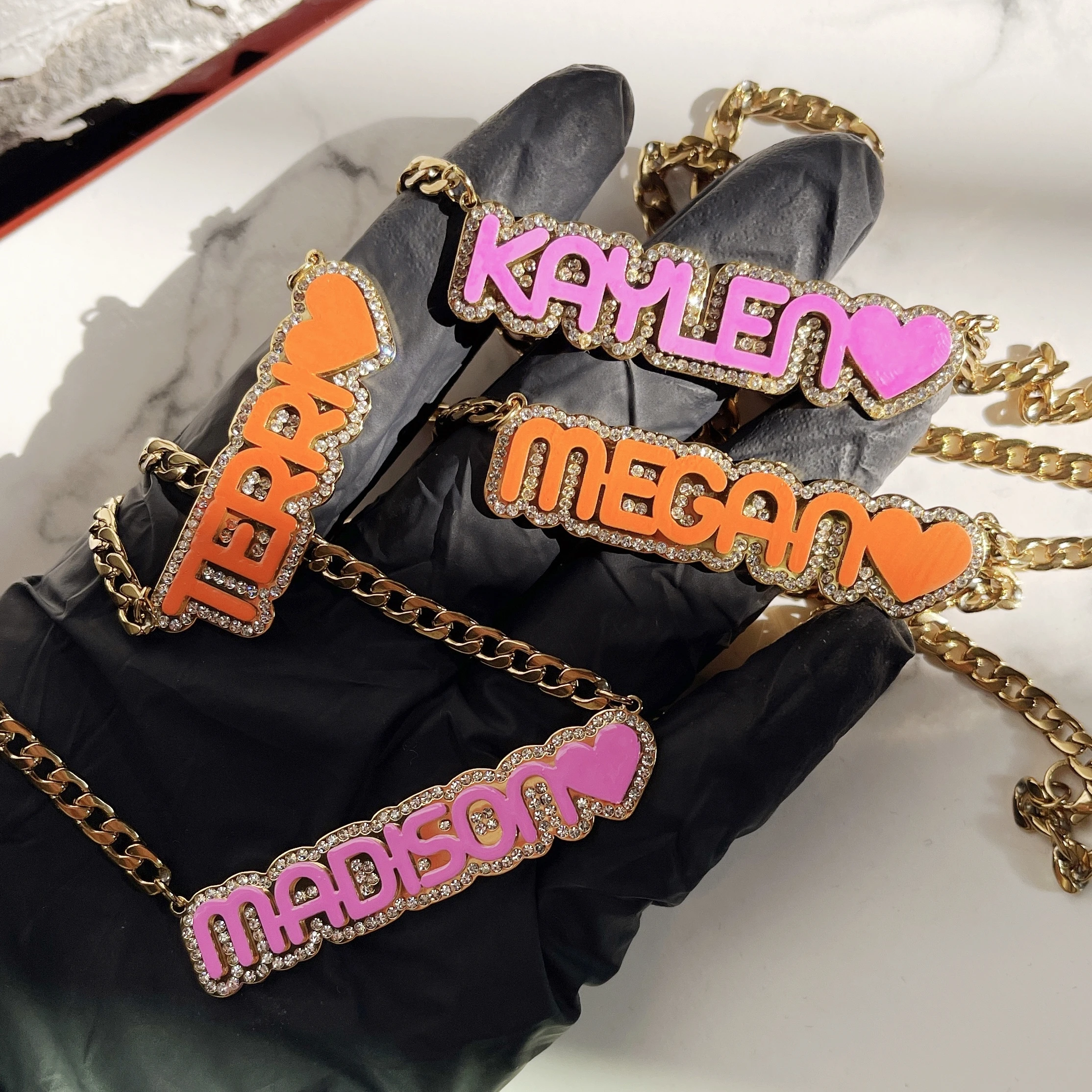 

Unique design stainless steel set with zircon DIY name necklace drop oil color necklace, Custom
