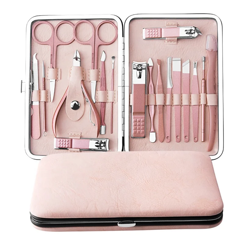 

Manicure Set Nail Clippers Kit 18 in 1 Grooming Kit Stainless Steel Pedicure Set Pink Painting Pink Leather Case,Eyebrow Razor, Special pink, or other custom colors as required