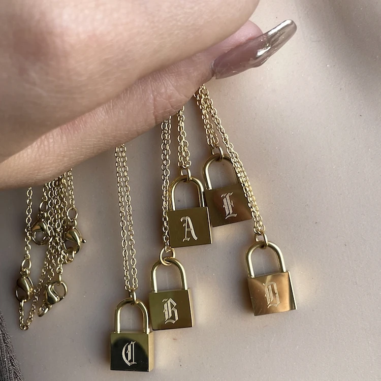 

Jialin jewelry 18k gold plated small necklace pendant Padlock Stainless Steel Lock necklace charms, Golden