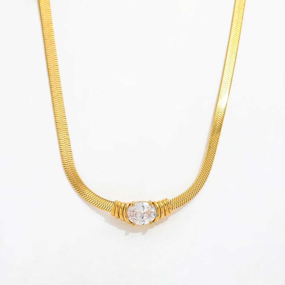 Joolim Jewelry 4MM Herringbone Oval Zirconia Pendant Necklace Waterproof Stainless Steel Snake Chain Necklace