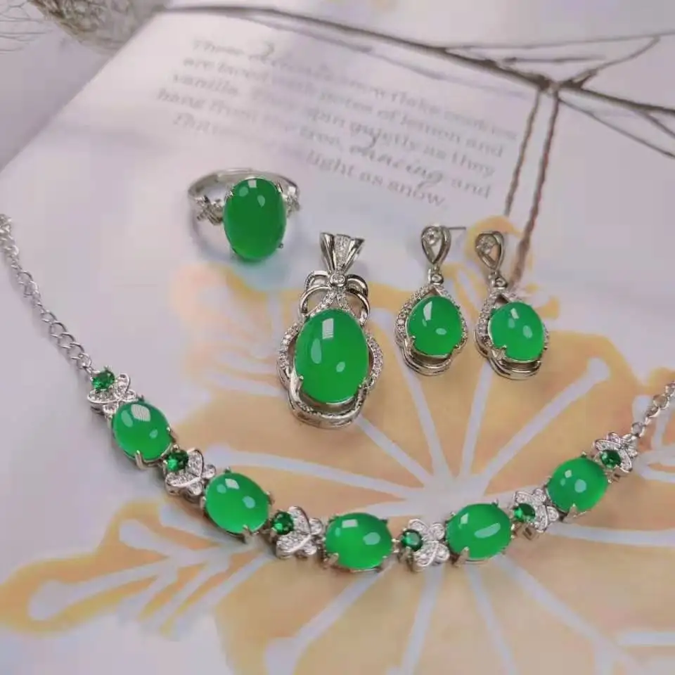 

Certified S925 Silver Inlaid High Ice Green Chalcedony Set Jade Rings Pendants Necklace Bracelet Four-Piece Set