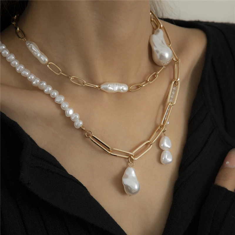 

New Arrival Gold Plated Layered Paperclip Chain White Pearl Necklace Big Baroque Irregular Pearl Choker Necklace Set Women