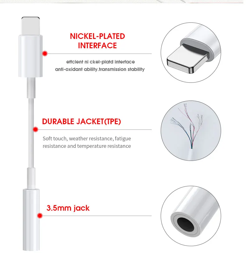 

Fit for apple lightning to 3.5 mm headphone jack adapter for iphone, White