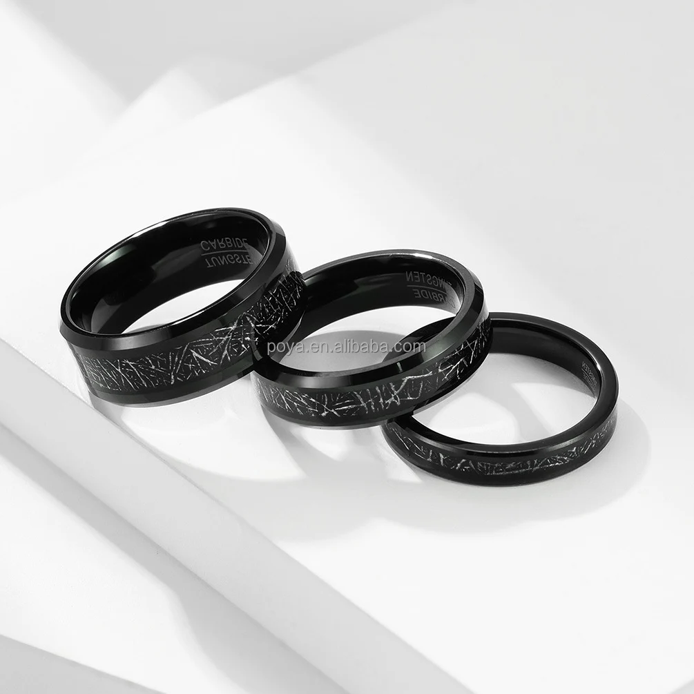 Poya Ready to Ship Couple Wedding Band 4mm 6mm 8mm Meteorite Shaving Inlay Black Plated Tungsten Ring