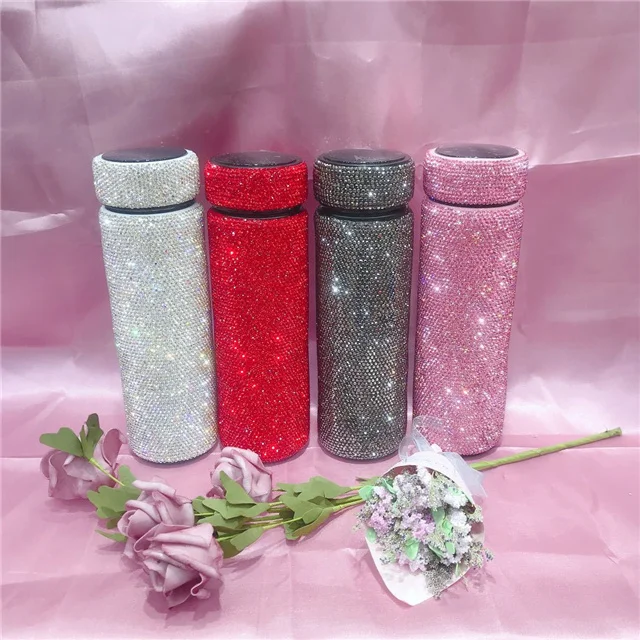 

Portable Rhinestone Diamond Double Layer Stainless Steel Crystal Water Bottles Outdoor Sports Travel Metal Vacuum Flask, Multiple colors