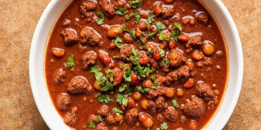 Classic ground beef chili simmering on stove