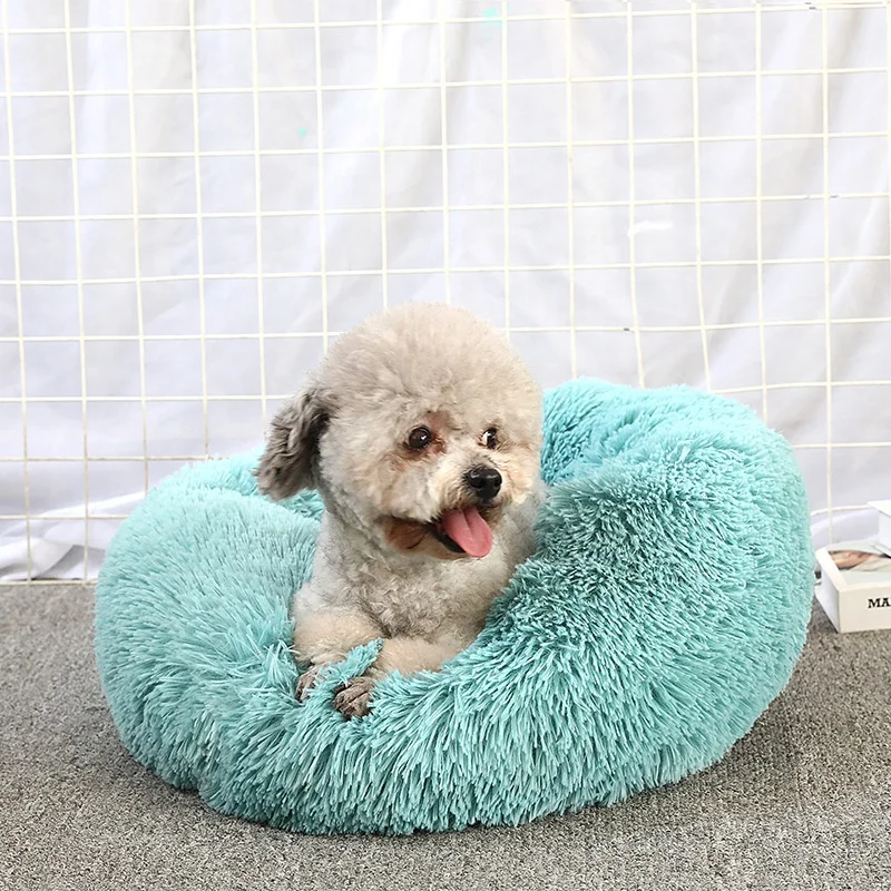 

Popular Comfortable Faux Fur Round Warm Donuts Long Plush Dog Bed With Anti Skid Base, As picture