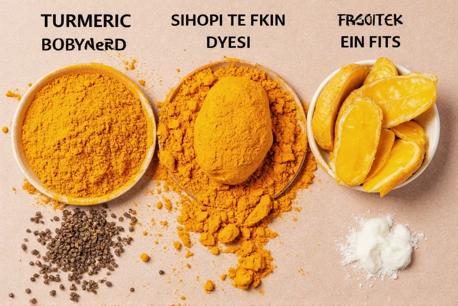 Turmeric root and powder displayed alongside black pepper and healthy fats to demonstrate optimal consumption methods