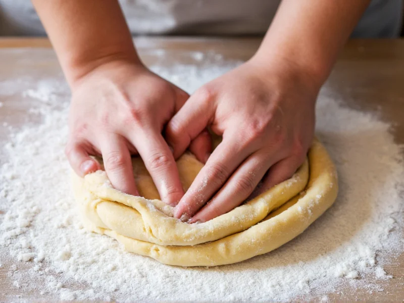 Homemade pretzel dough being kneaded on floured surface