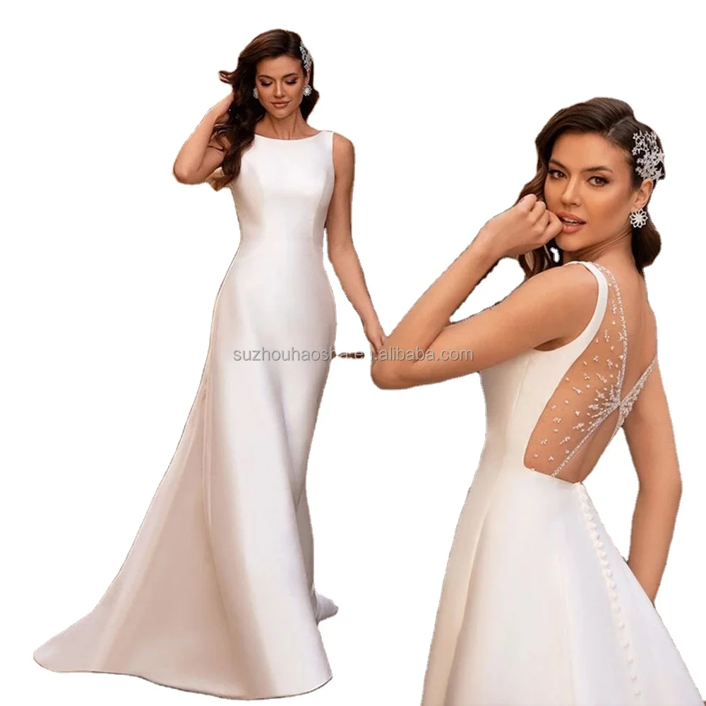 

Boat Neck Beading Open Back Bride Gown Illusion Satin Sweep Train Civil Vestidos De Novia Simple Sleeveless A-Line Wedding Dress