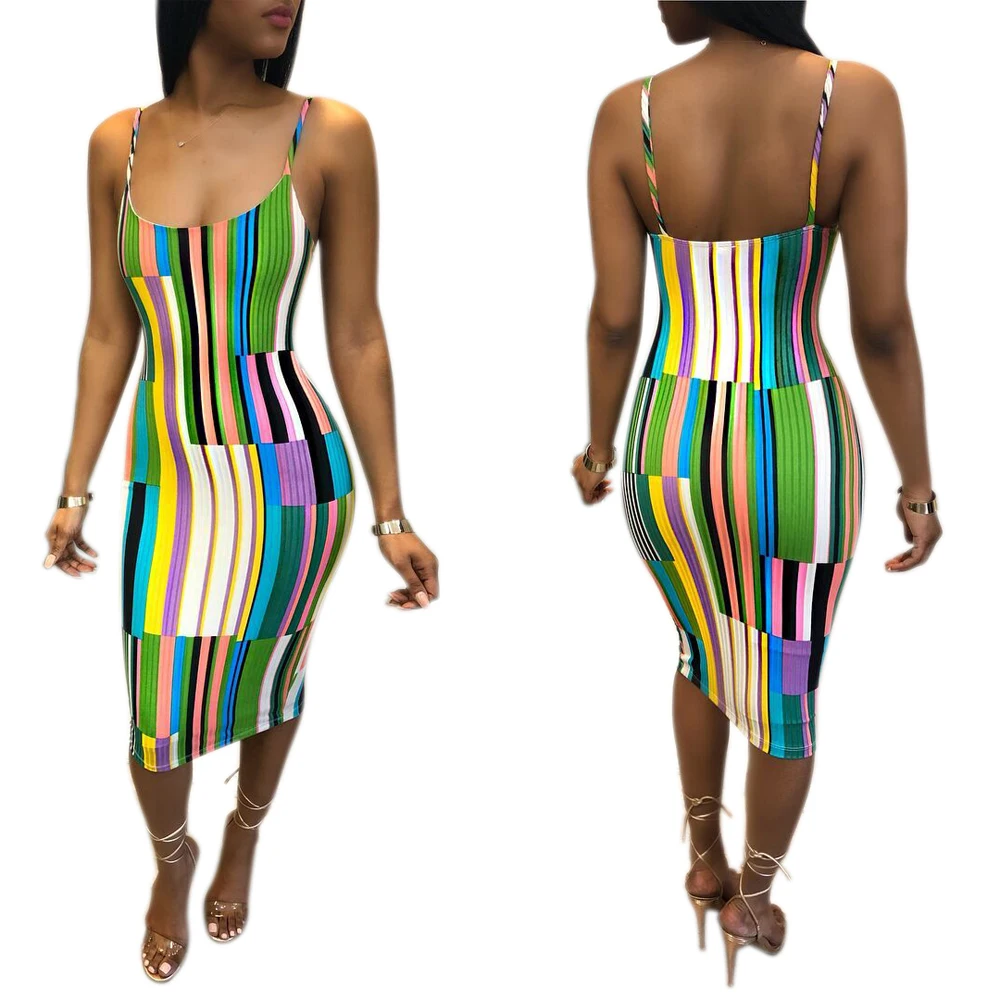 

L36775 Wholesale Summer Fashion Vertical Sexy Colorful Straps Striped Midi Dress
