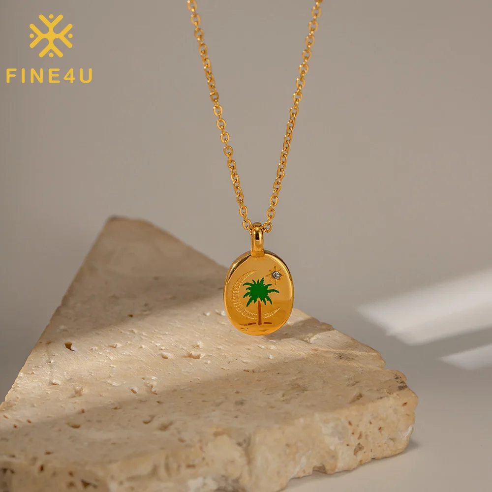 

Non Tarnish Summer Beach Fashion Jewelry Stainless Steel Gold Plated Palm Tree Pendant Drop Oil Enamel Necklace