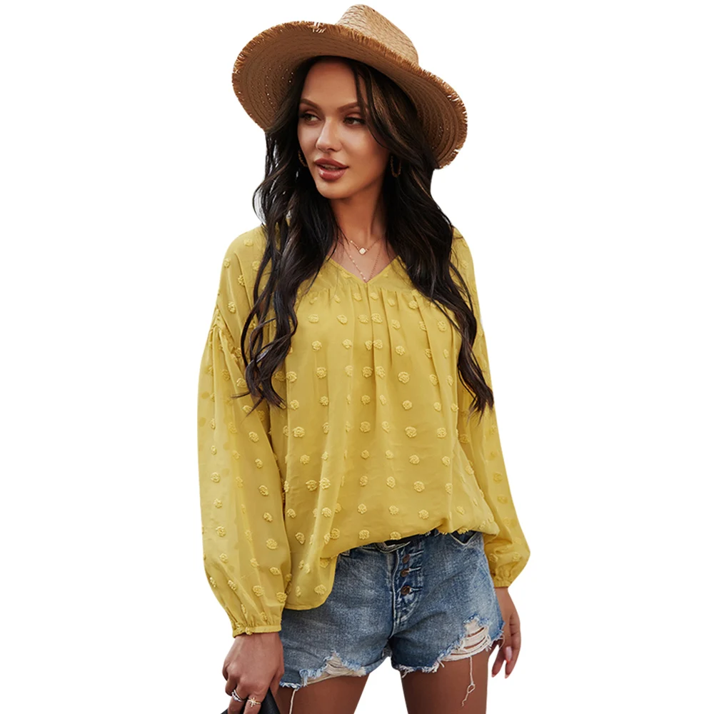 

2021 spring and summer V-neck long-sleeved chiffon casual top women, Green, yellow, white, navy blue, brown