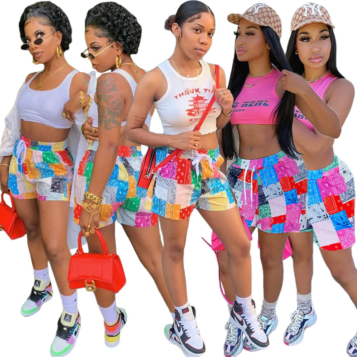 

F108 Women's Summer Patchwork Printed Casual Shorts Home Pants Beach Pants
