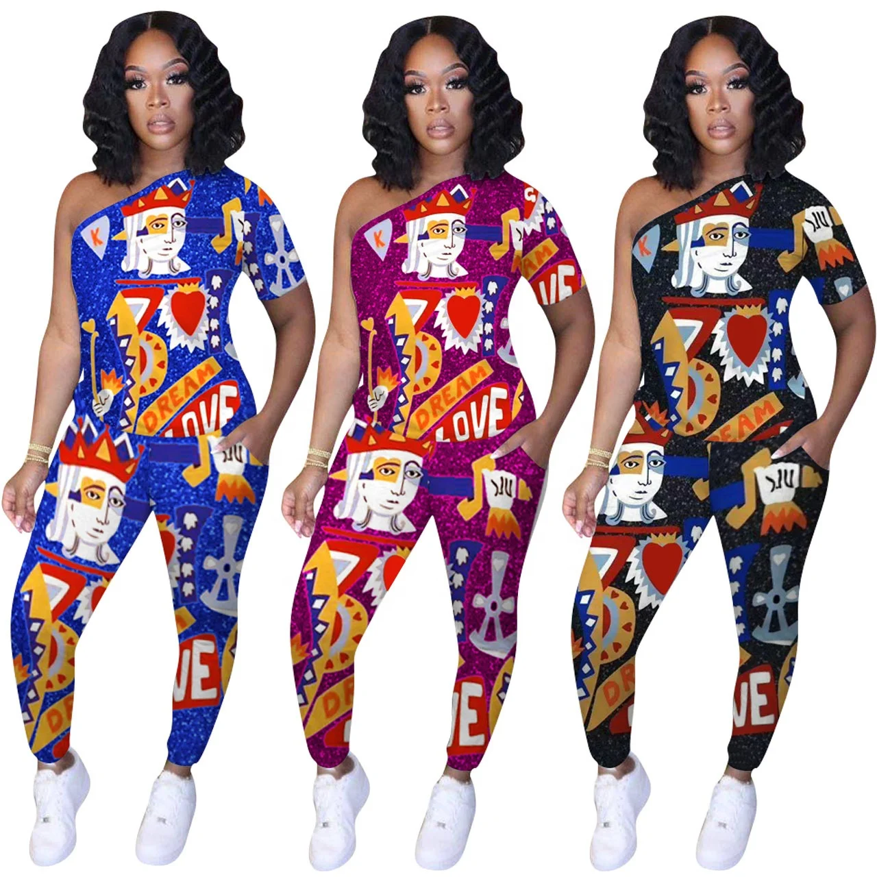 

New arrival women two piece set Tracksuits One Shoulder Tee Tops jogger Suit Outfits Matching Set outfits Coldker