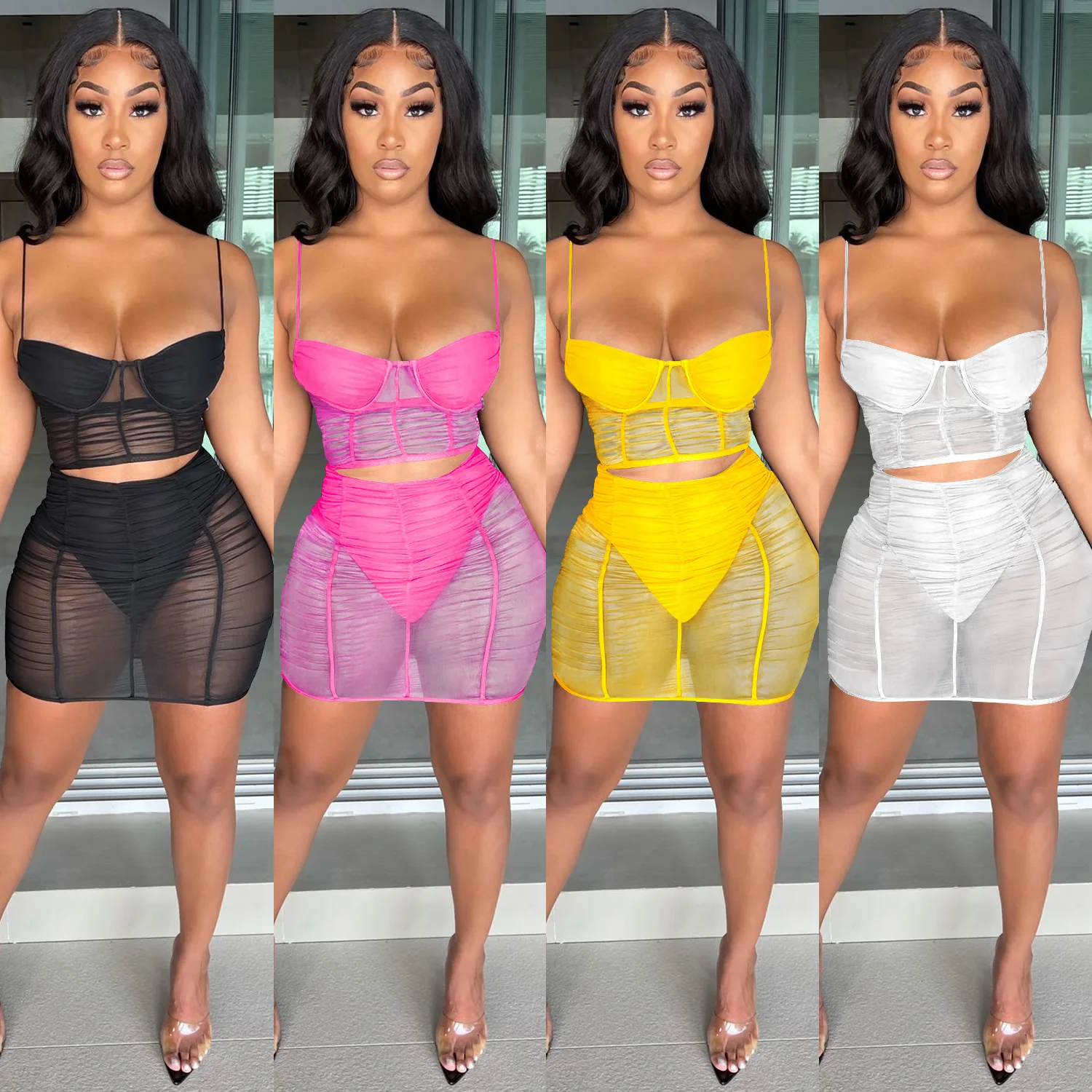 

women sets Sexy sling pure color mesh see-through bag hip skirt two piece short sets female