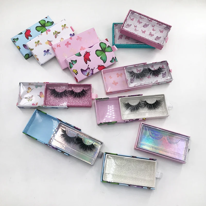 

Custom magnetic lashes box, sliding drawer boxes with 25mm wholesale natural mink eyelashes holographic glitter packages