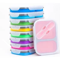 

Stackable 2 Compartment Leak Proof kids Bento Lunch Box With Dividers Folding Rectangle Soft Silicone Lunchbox