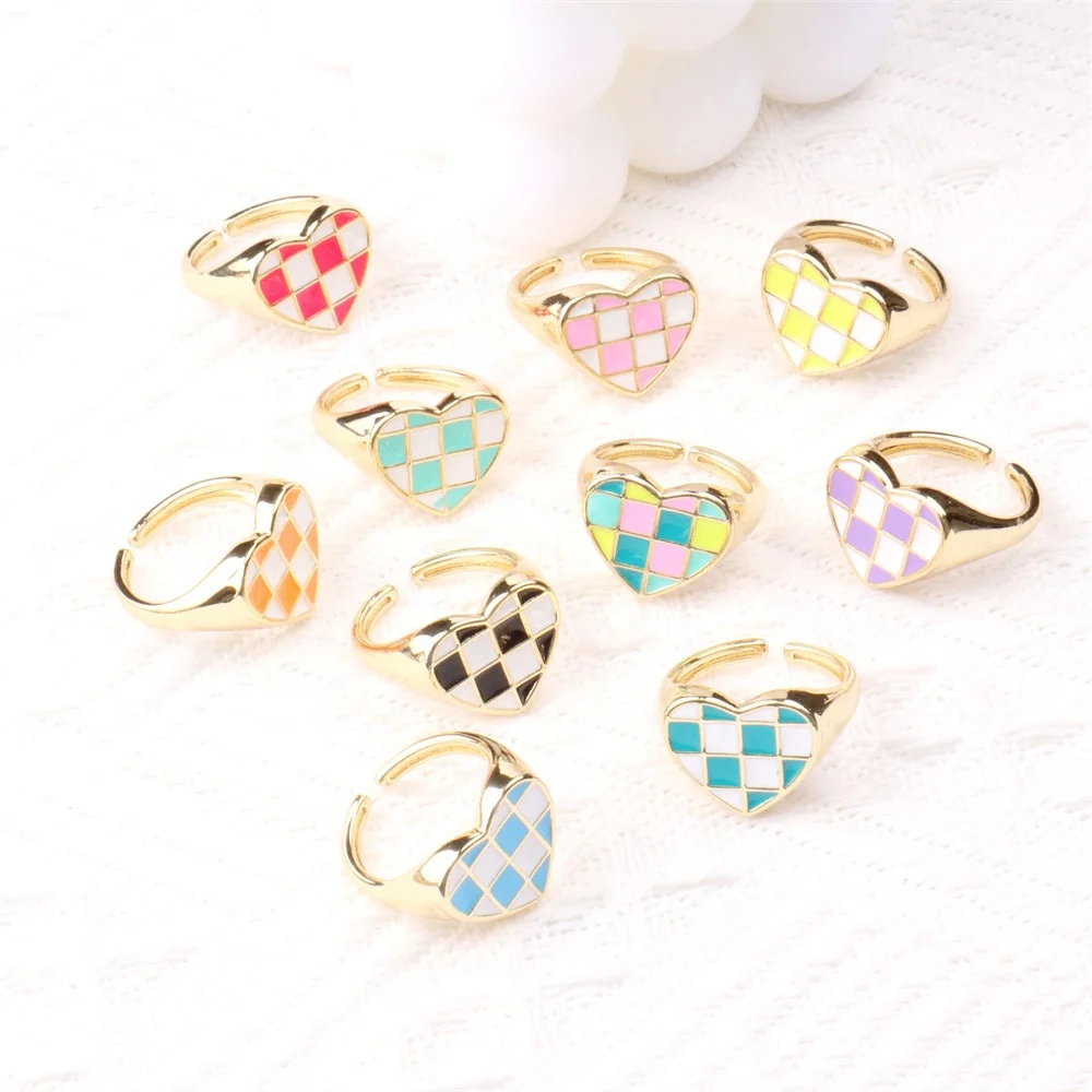 

New popular trendy jewelry colorful heart chess grid enamel gold plated chunky finger band ring for women