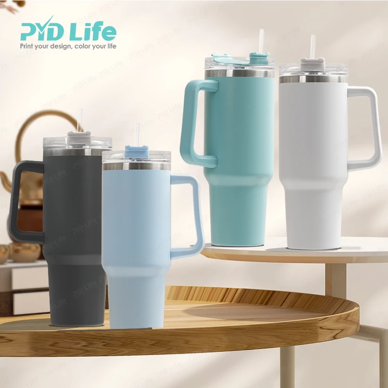 

PYD Life Travel Coffee Mug Custom Powder Coating Yety Double Wall Stainless Steel 40oz Tumbler Cup with Handle and Straw