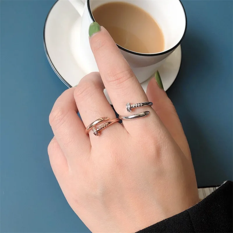 

925 sterling silver open nail ring lady ins tide rose gold index finger ring personality for woman, Rhodium/rose gold