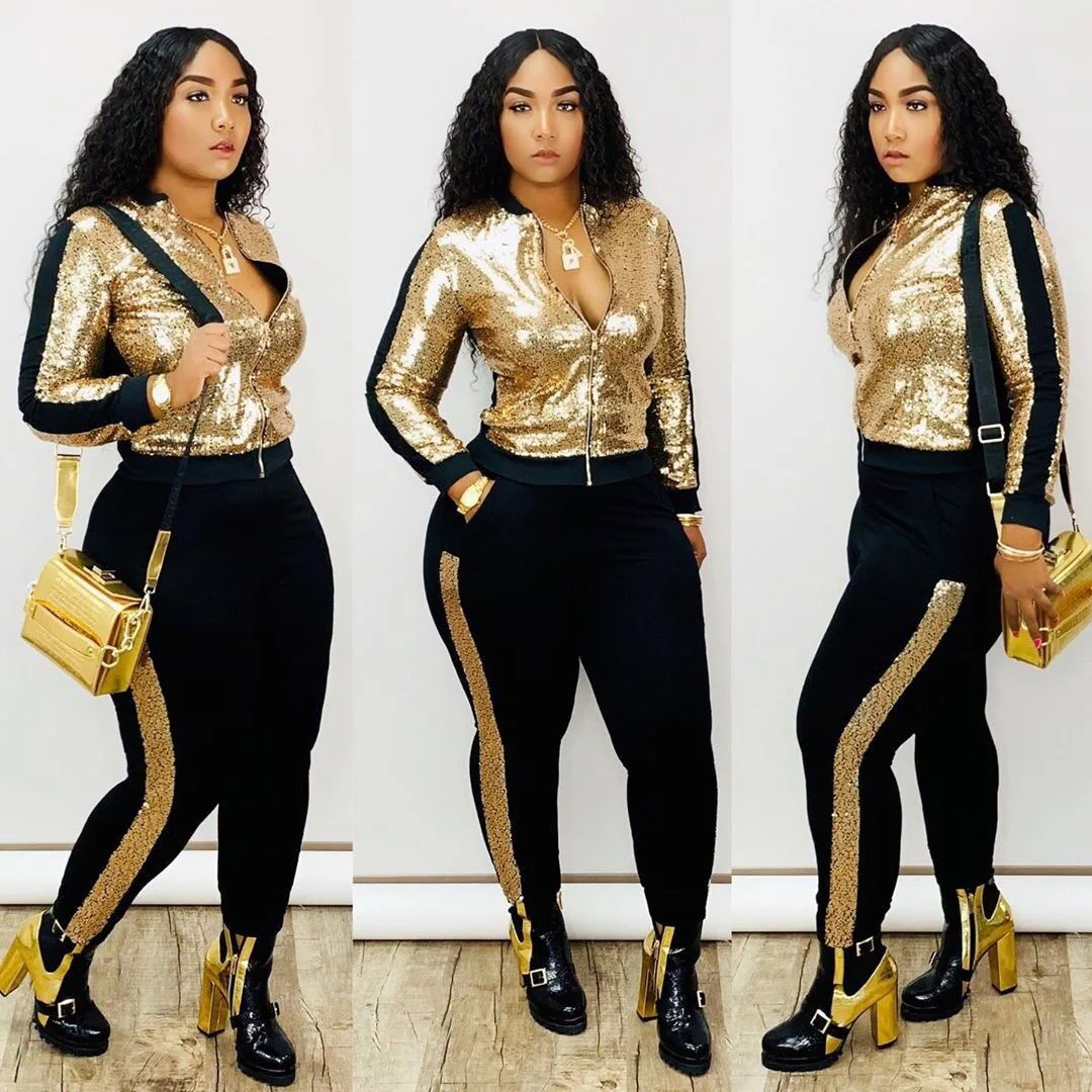 

Cross-border European and American women's autumn and winter new fashion sexy sequins casual two-piece suit, Customized color