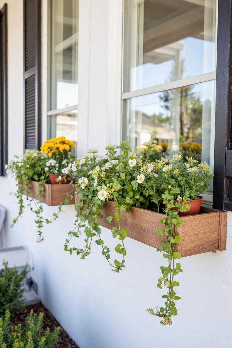 Rustic wooden window planter with herbs planted inside, installed under a kitchen window