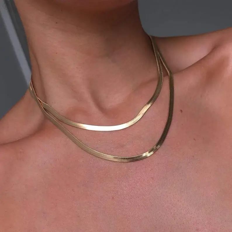 

Wholesale Stainless Steel Dainty Gold Herringbone Chain Choker Long Gold Link Flat Snake Chain Choker Herringbone Necklace