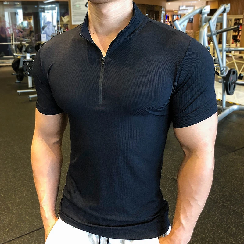 

OEM Wholesale Top Quality Fitness Sports Shorts Sleeve Shirts Workout Quick Dry 1/4 Zip Slim Fit Gym T Shirts for Men