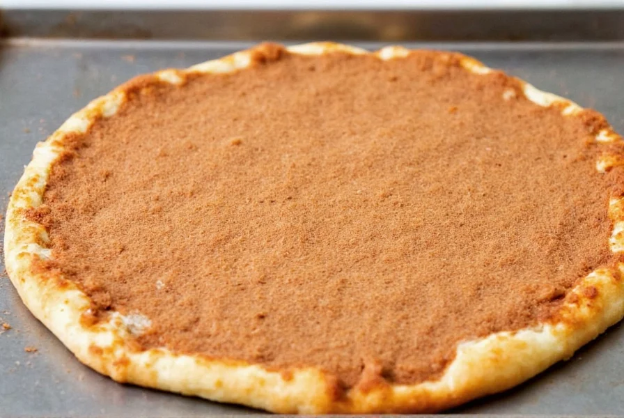 Homemade cinnamon sugar pizza on a baking sheet with golden crust and visible cinnamon sugar topping