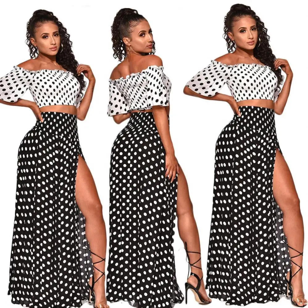 

Summer 2020 Beach Wear Polka Dot Off The Shoulder Crop Top And Sexy Long Skirts Womans 2 Piece Set Dresses, As photo showed