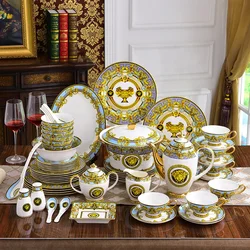 Wholesale 58 Pcs Europe Luxury Blue Palace Dining Room Sets Bone China Dinnerware sets