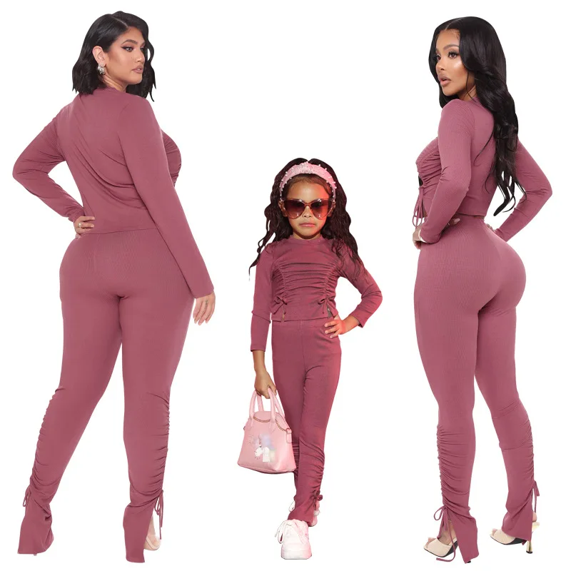 

Mommy Me Jumpsuit Romper Outfits New Solid Color Thread Bag Hip Fashion Parent child Suit