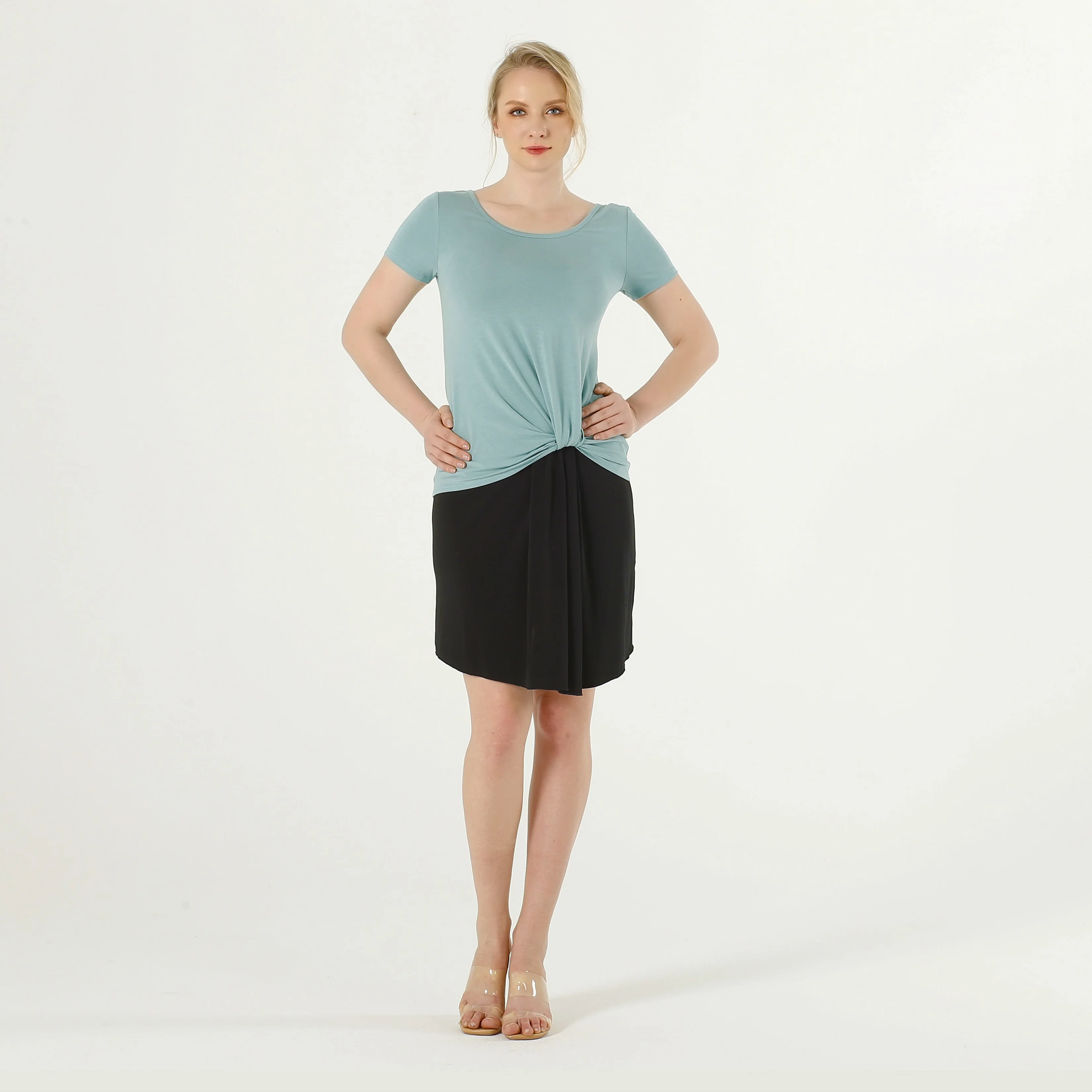

Women Casual Custom Short Sleeve Round Neck Front Knot Cross Straps Plain Blank T Shirt