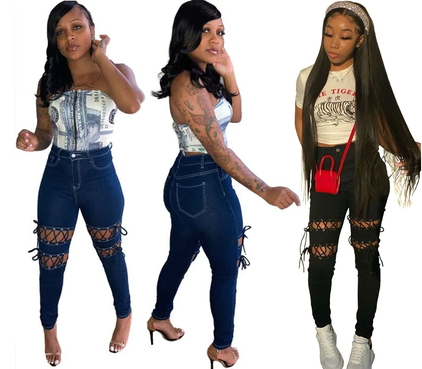 

Wish hot selling women's clothing sexy cross strings hollow out jeans slim black denim jeans