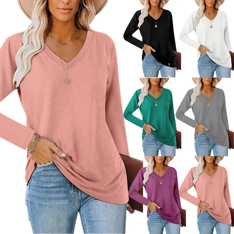 

2021 new women's v-neck loose long sleeve T shirt woman solid color bottom shirt top