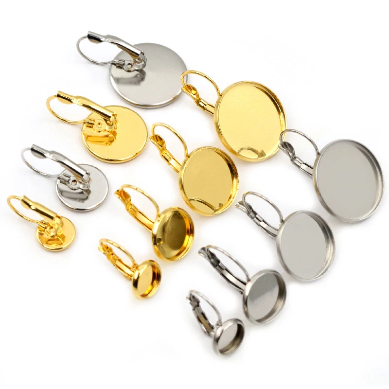 

10pcs/pack 6-25mm Stainless Steel Gold French Lever Earrings Cabochon Blank Setting DIY Earring Cameo Bezel Base Trays Findings