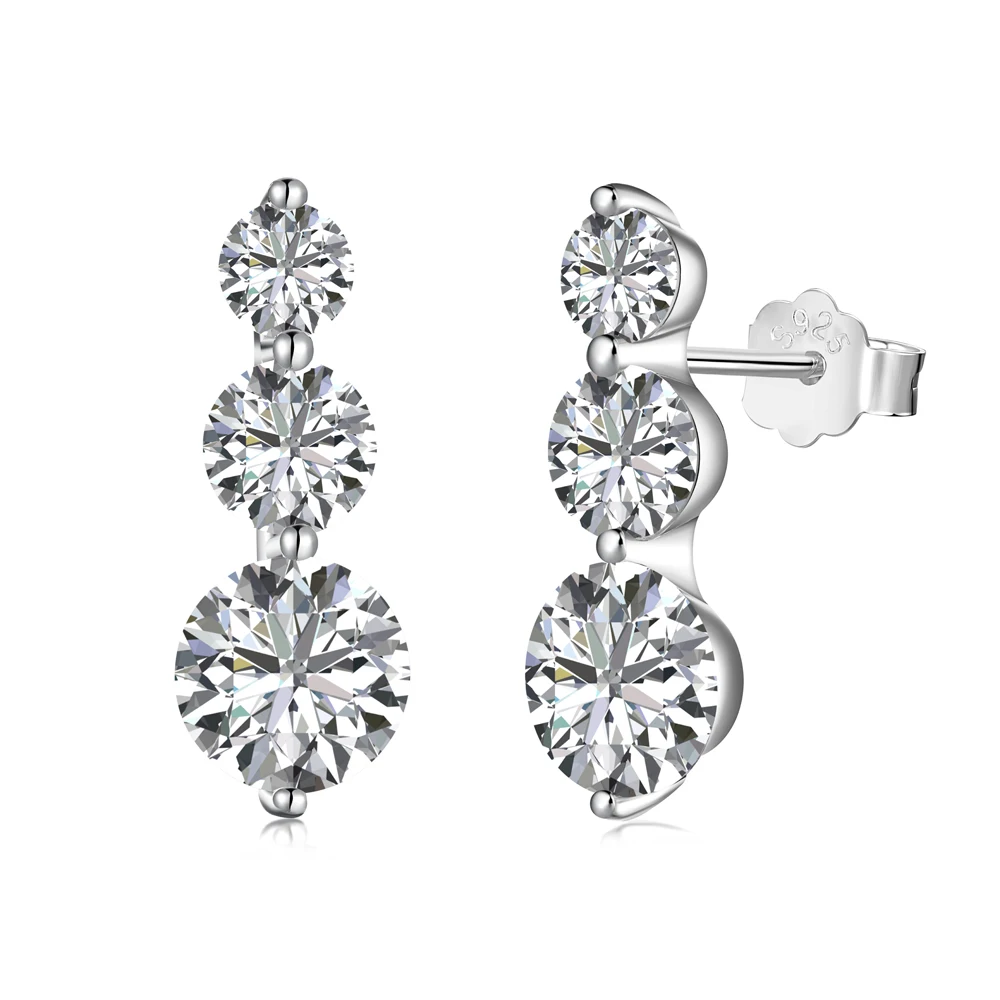 Dylam Simplicity Design 925 Sterling Silver Rhodium Plated Bar Shape 3 Stone 5A Cubic Zirconia Stud Earrings for Women