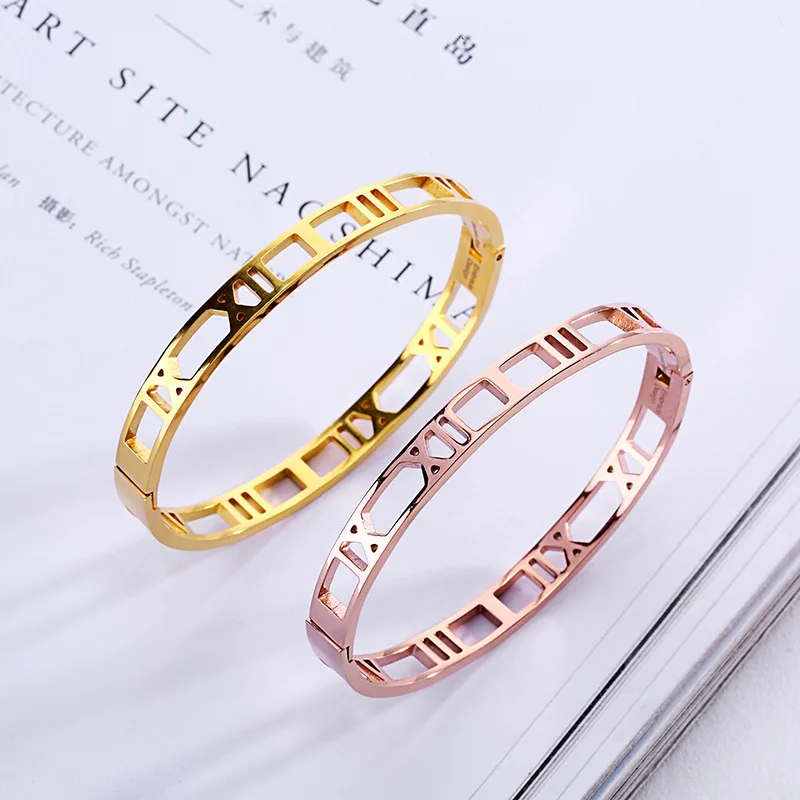 

Classic hollowed-out Roman numeral titanium steel bracelet female rose gold bangle wholesale (SK1165), As picture