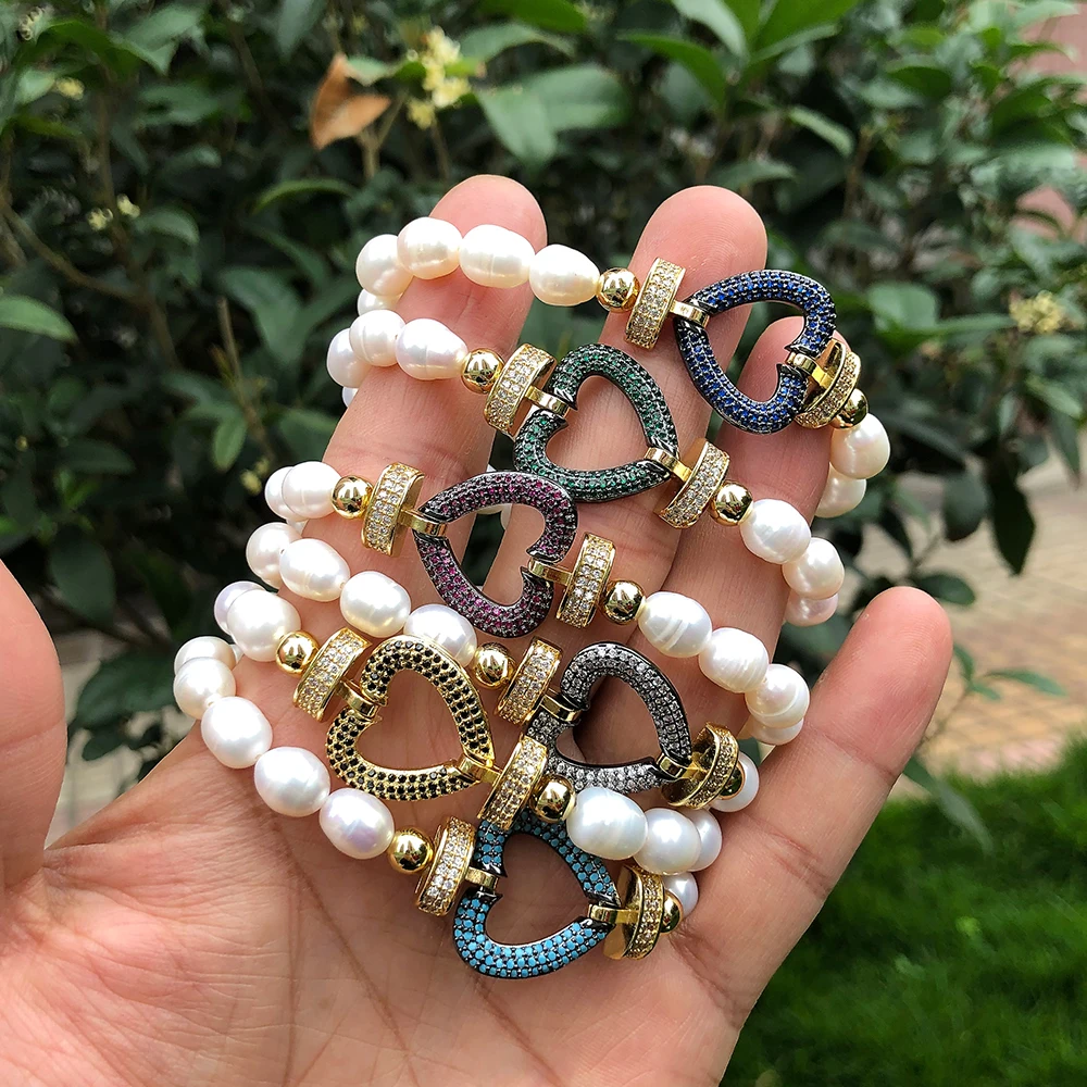 

Elegant Noble Freshwater pearl beaded bracelet CZ electroplating Heart Connect button High quality Beaded jewelry