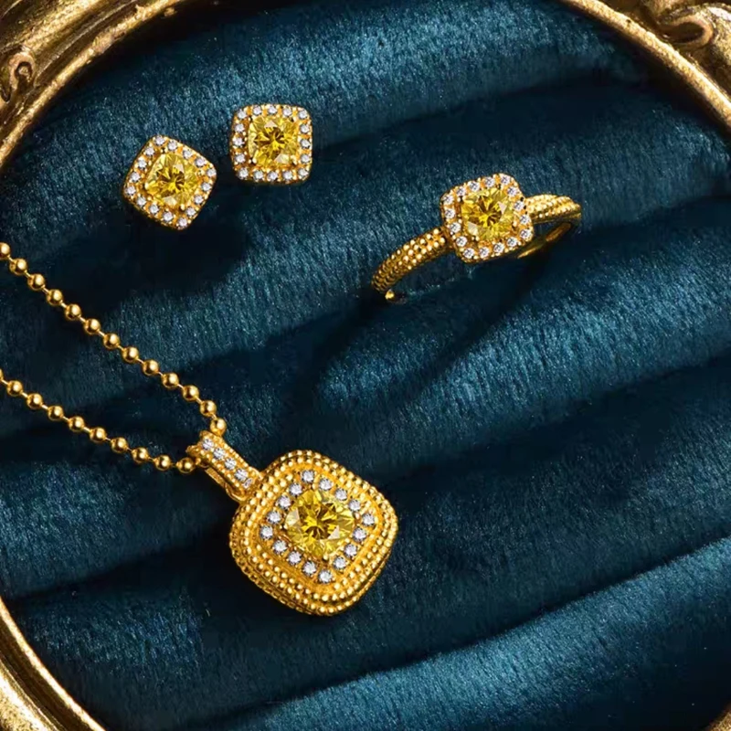 

New Creative Square Zircon Necklace Earring Set Pendant Necklace Gold Plated Stainless Steel Jewelry Set For Woman