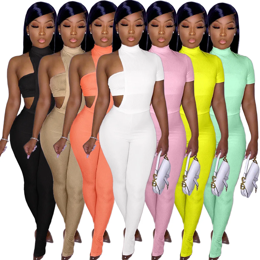 

2021 Design jumpsuit breast wrap suit tube top solid rib knit breathable sportwear two pieces set summer women jumpsuits