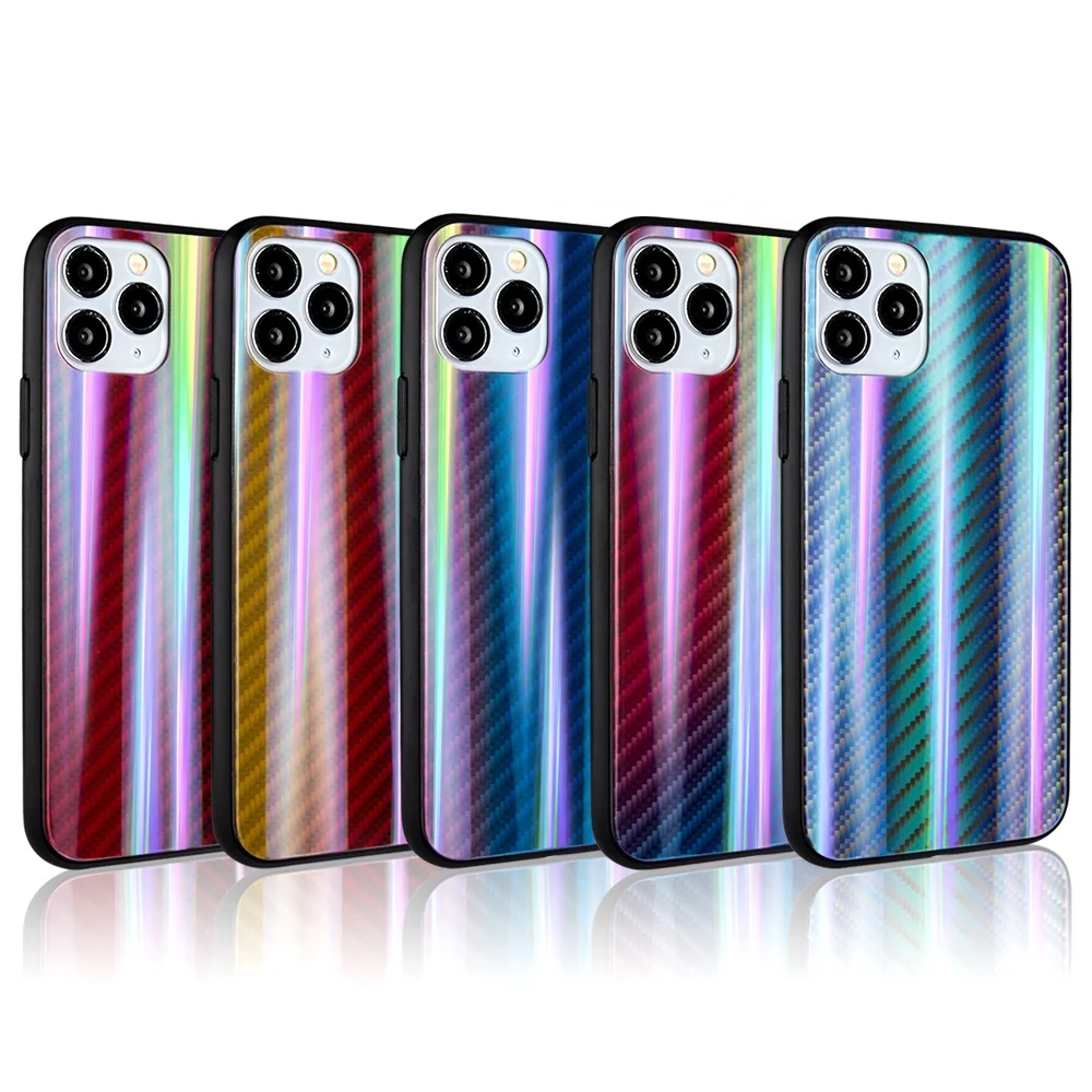 

Gradient carbon fiber smart phone back cover Tempered Glass protective phone case For Iphone 11/11pro/11pro max, Multi-color, can be customized